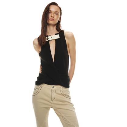 Stylish Patchwork Leather Buckle V-Neck Sweater Vest