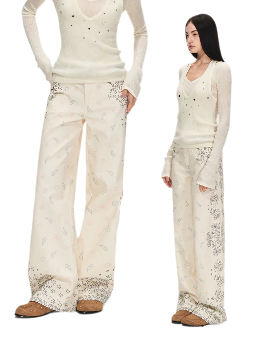 Vintage Paisley Print Relaxed Wide-Leg Pants