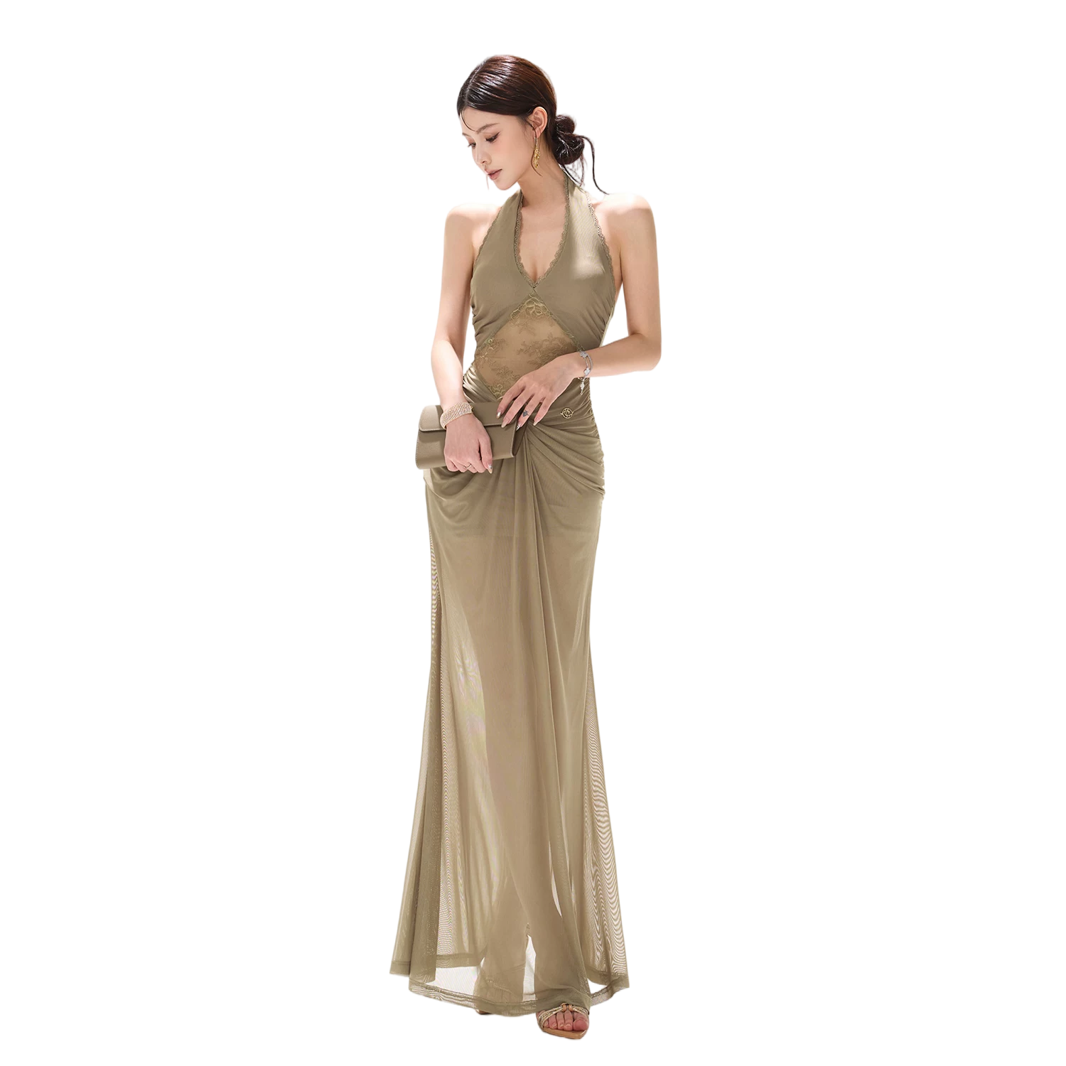 Deep V Halter Neck Lace Mesh Backless Long