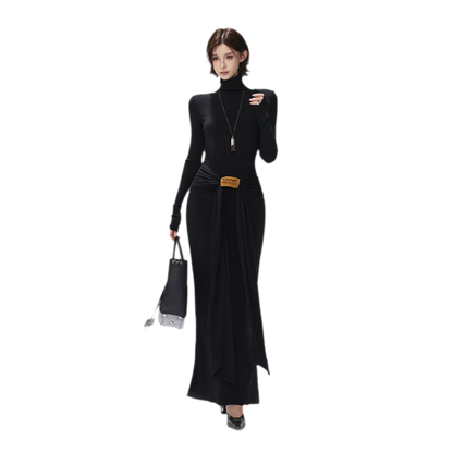 Turtleneck Ruched Waist Knit Dress