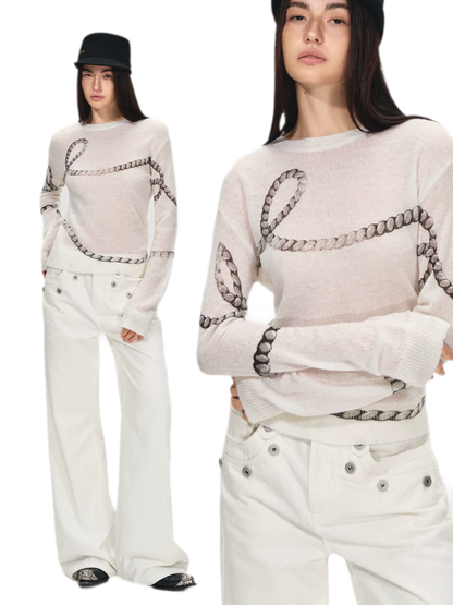 Mohair Wool Sweater with Irregular Chain Print