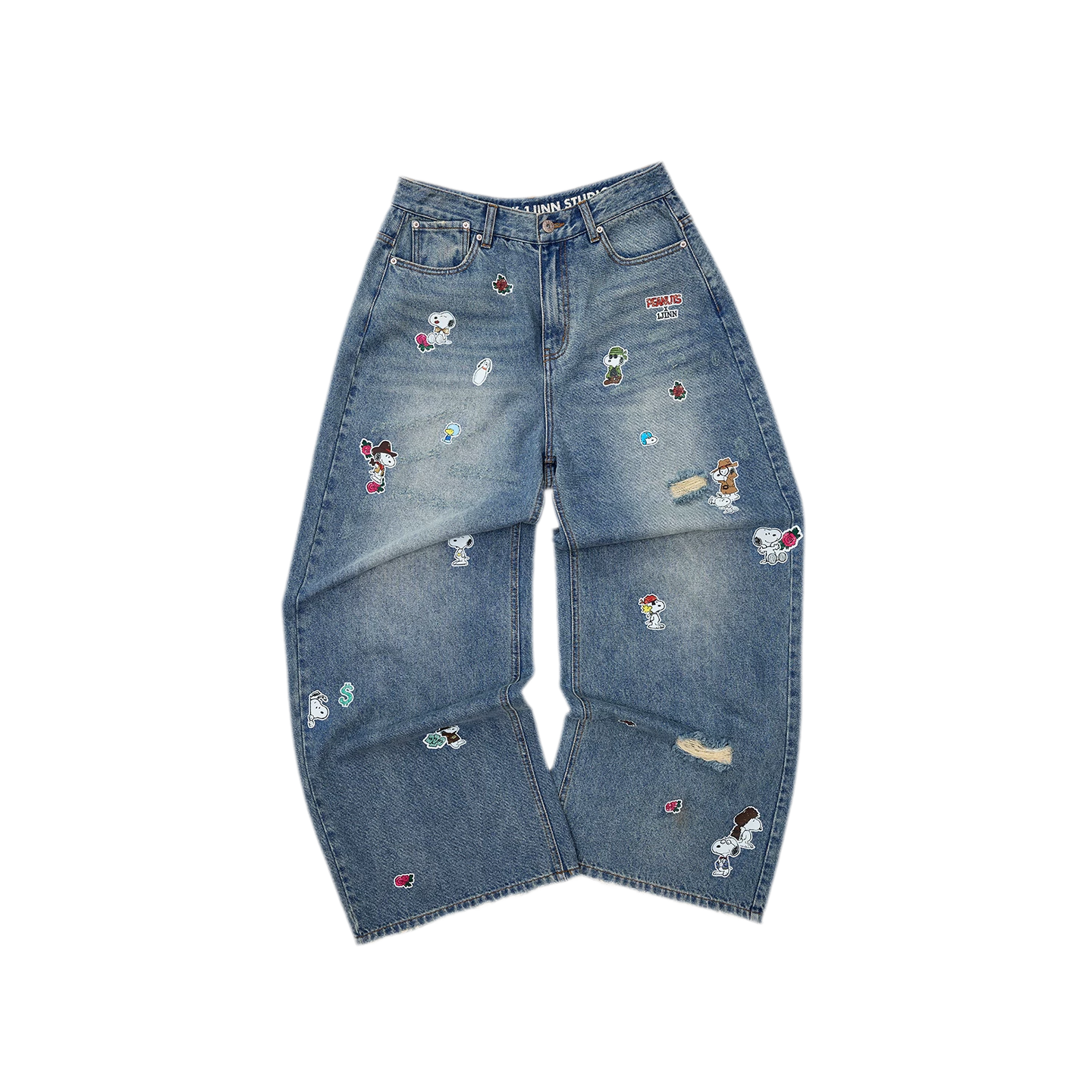Washed Distressed Wide-Leg Jeans