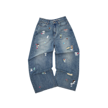 Washed Distressed Wide-Leg Jeans