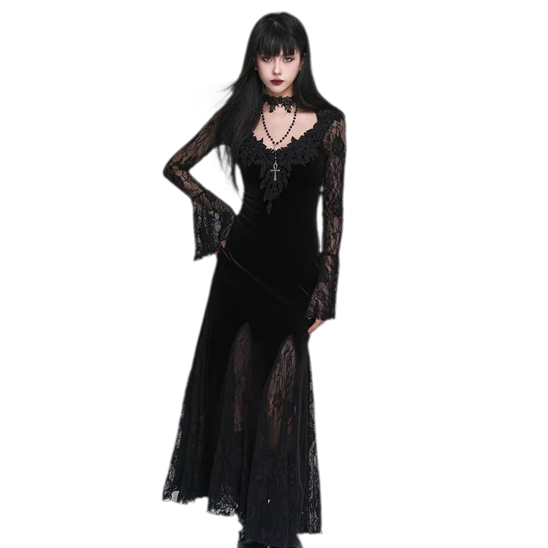 Lace-Sleeve Mermaid Gothic Dress