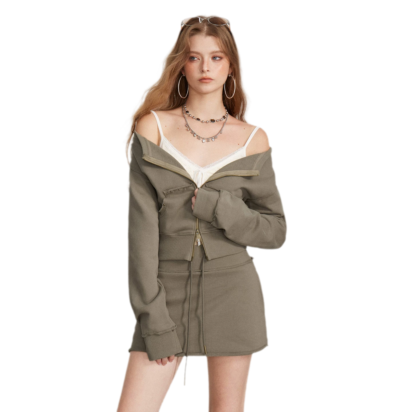Raw Edge Zip Sweatshirt Set