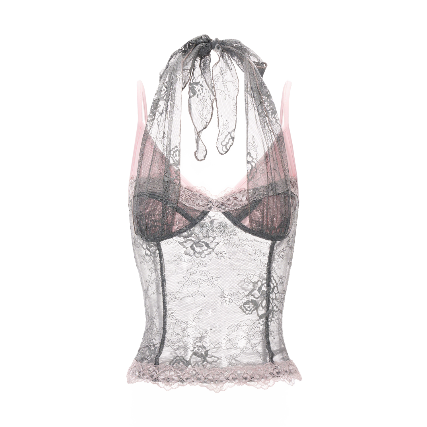 Gray Pink Lace Halter Neck Fitted Top