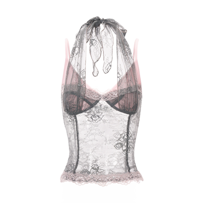 Gray Pink Lace Halter Neck Fitted Top
