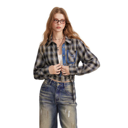 Fringe Plaid Cropped Shirt Jacket