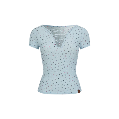 Cross Tie Hollow V-Neck Slim Short Sleeve T-Shirt