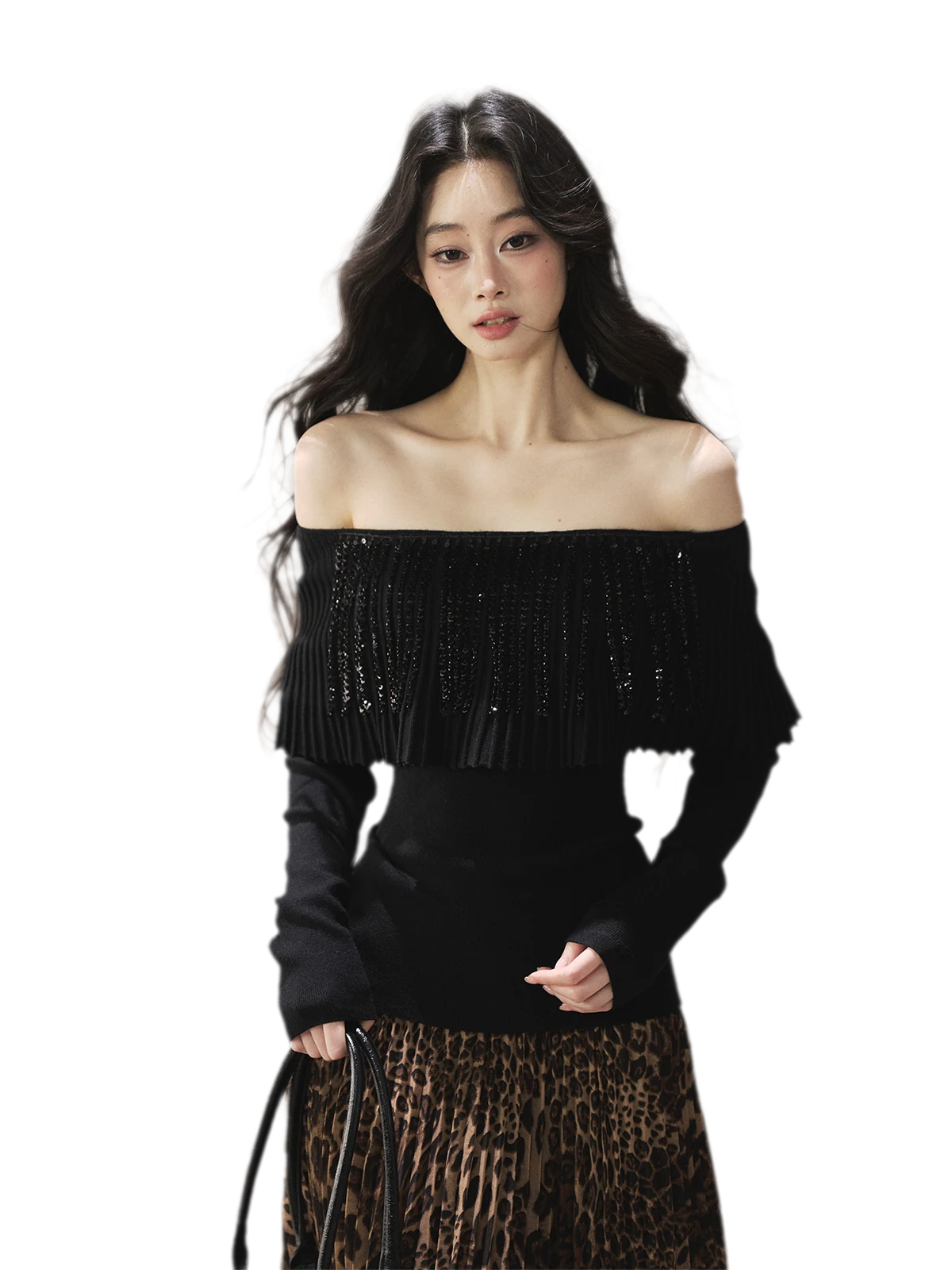 Pleated One-Shoulder Long-Sleeve Top