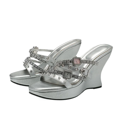 Rhinestone Strap Wedge Mules