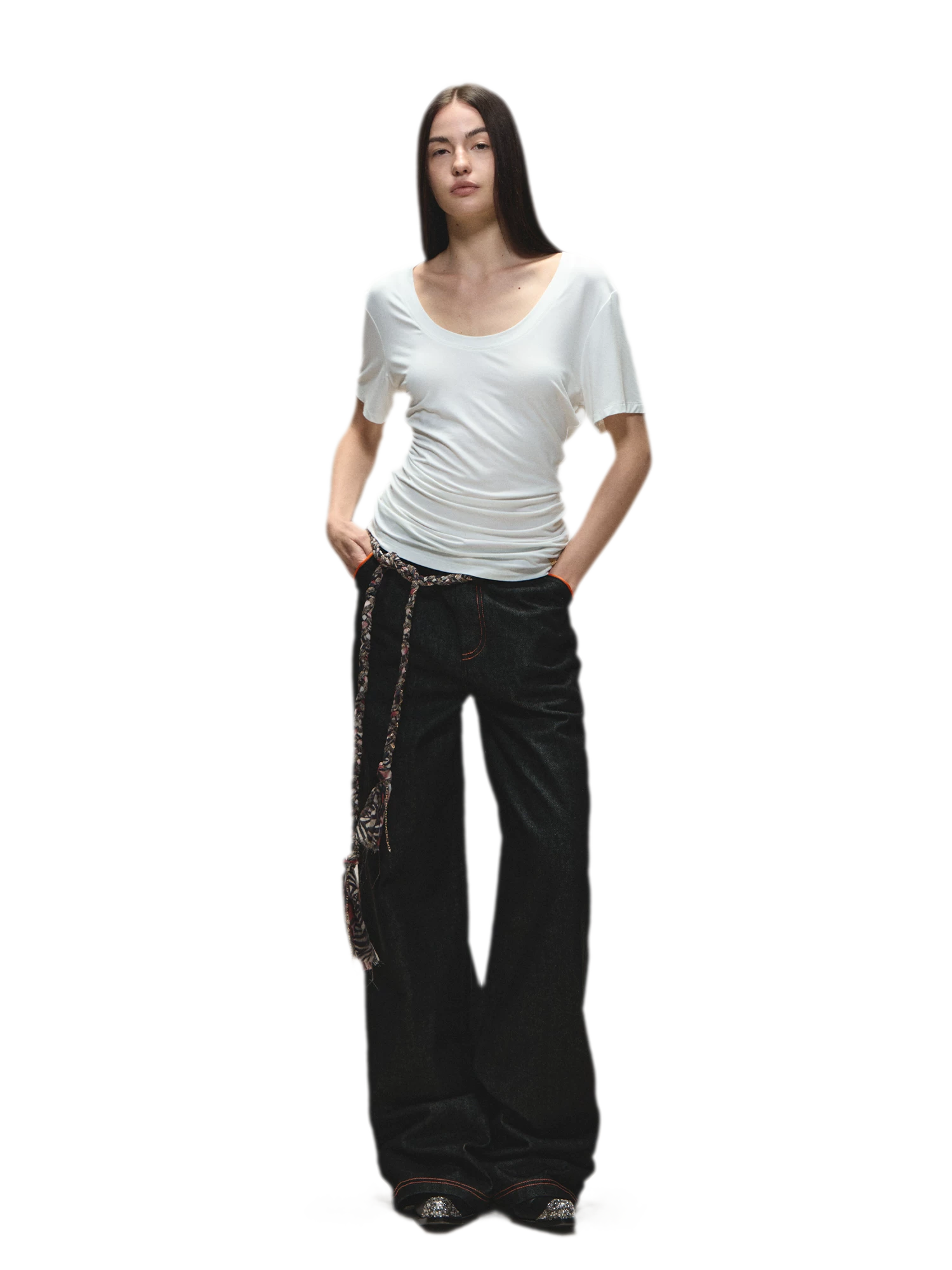 Relaxed Fit Mid-Length Two-Tone Classic U-Neck T-shirt