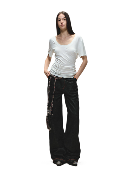 Relaxed Fit Mid-Length Two-Tone Classic U-Neck T-shirt