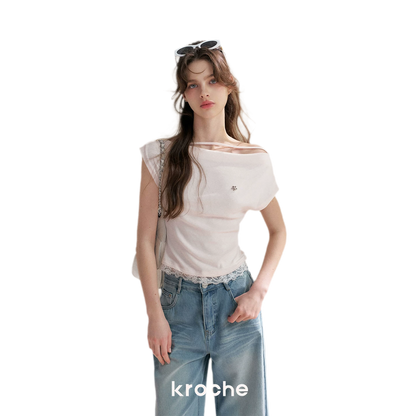 Lace Trim Asymmetric Short Sleeve T-Shirt