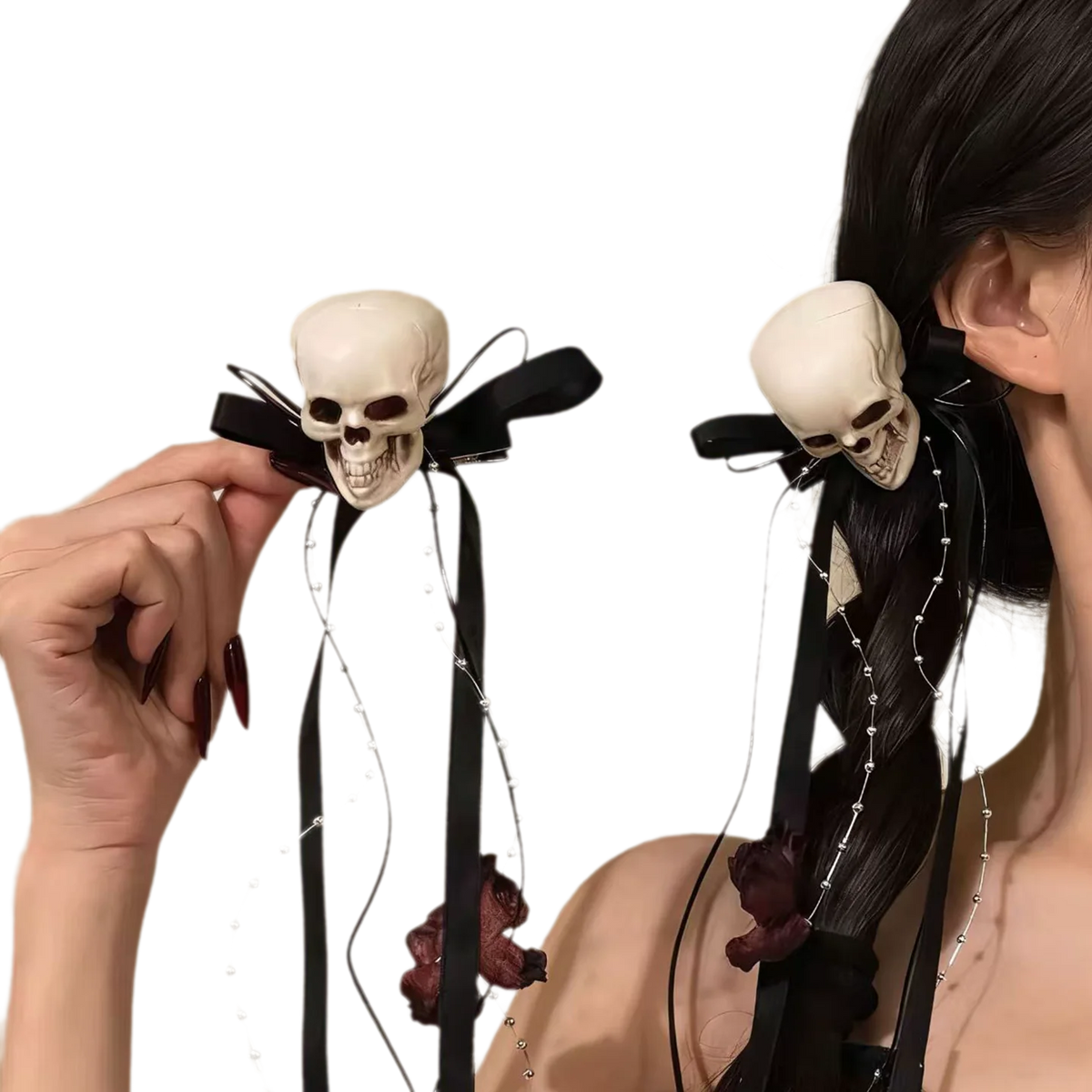 Gothic Skull Ribbon Hair Clips