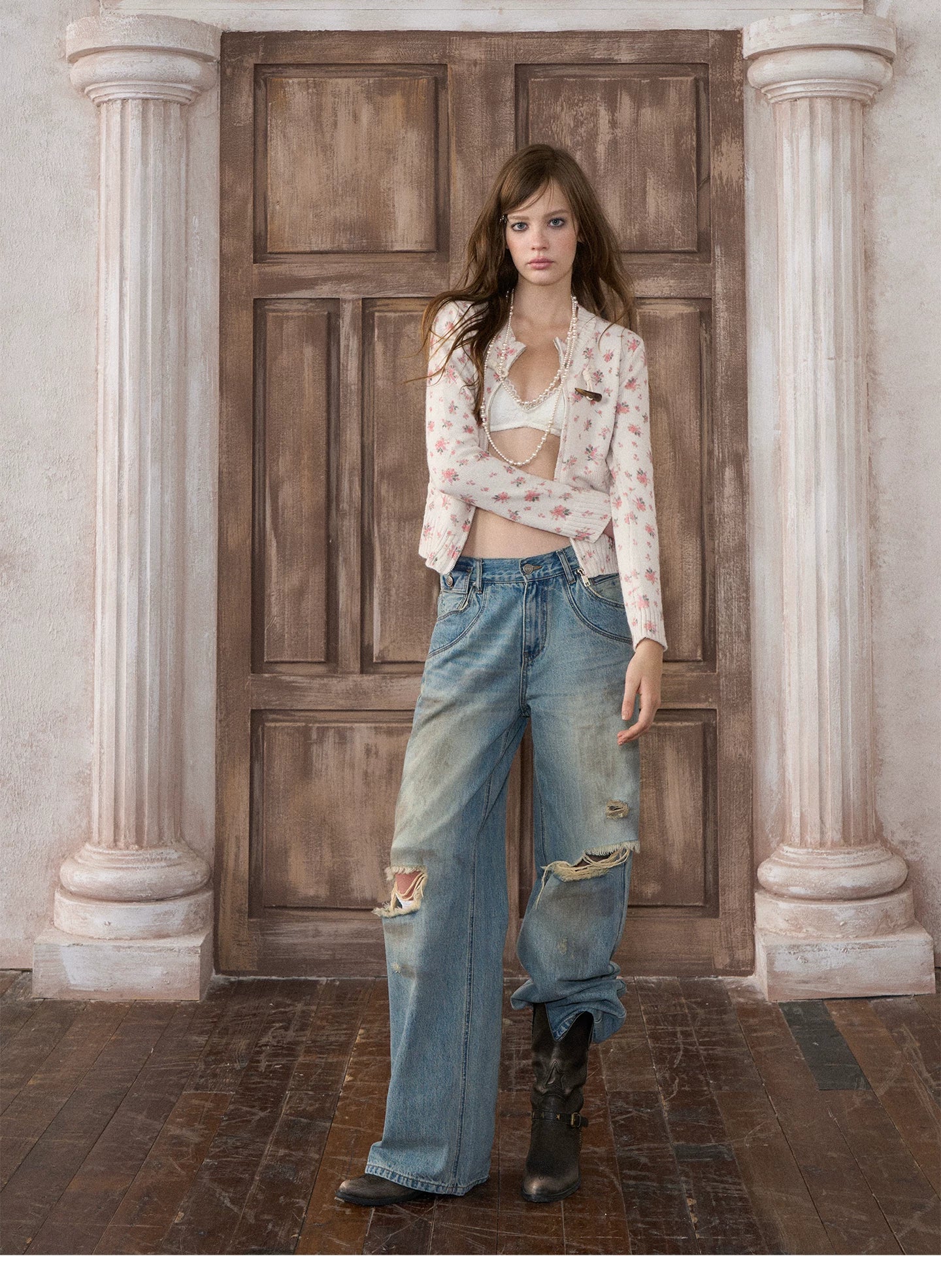 Washed Wide-Leg Ripped Jeans