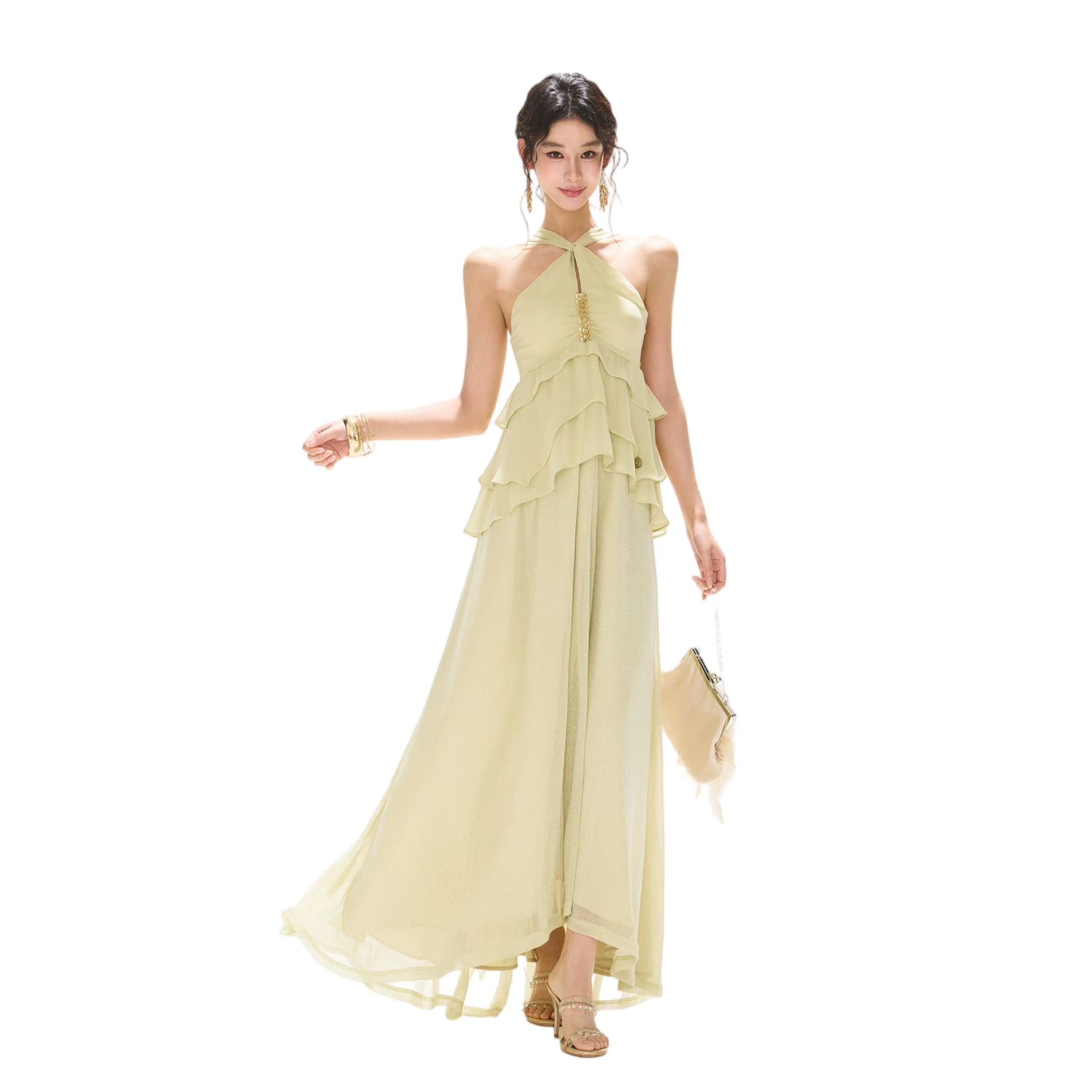 Flowing Sheer Halter Rhinestone Chiffon Long Dress