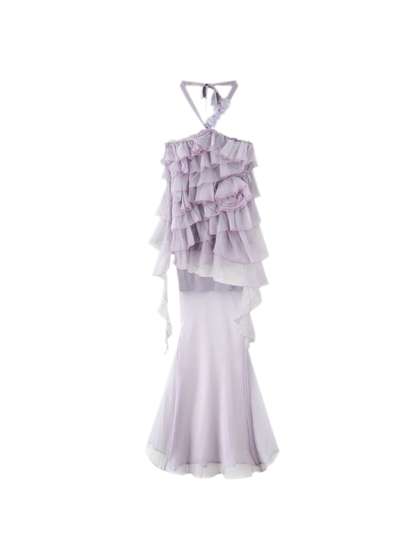 Sheer Rose Halter Fishtail Dress
