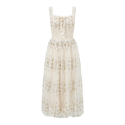 Embroidered Boned Waist Maxi Dress