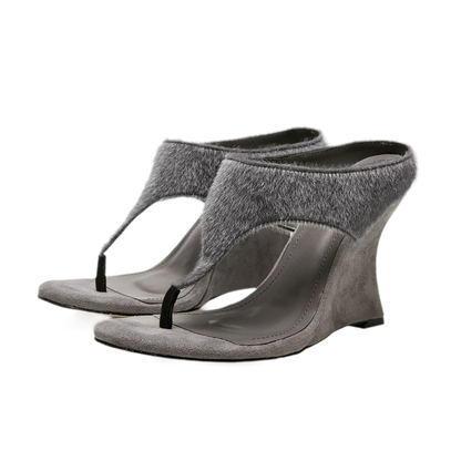 Faux Horsehair Wedge Thong Sandals