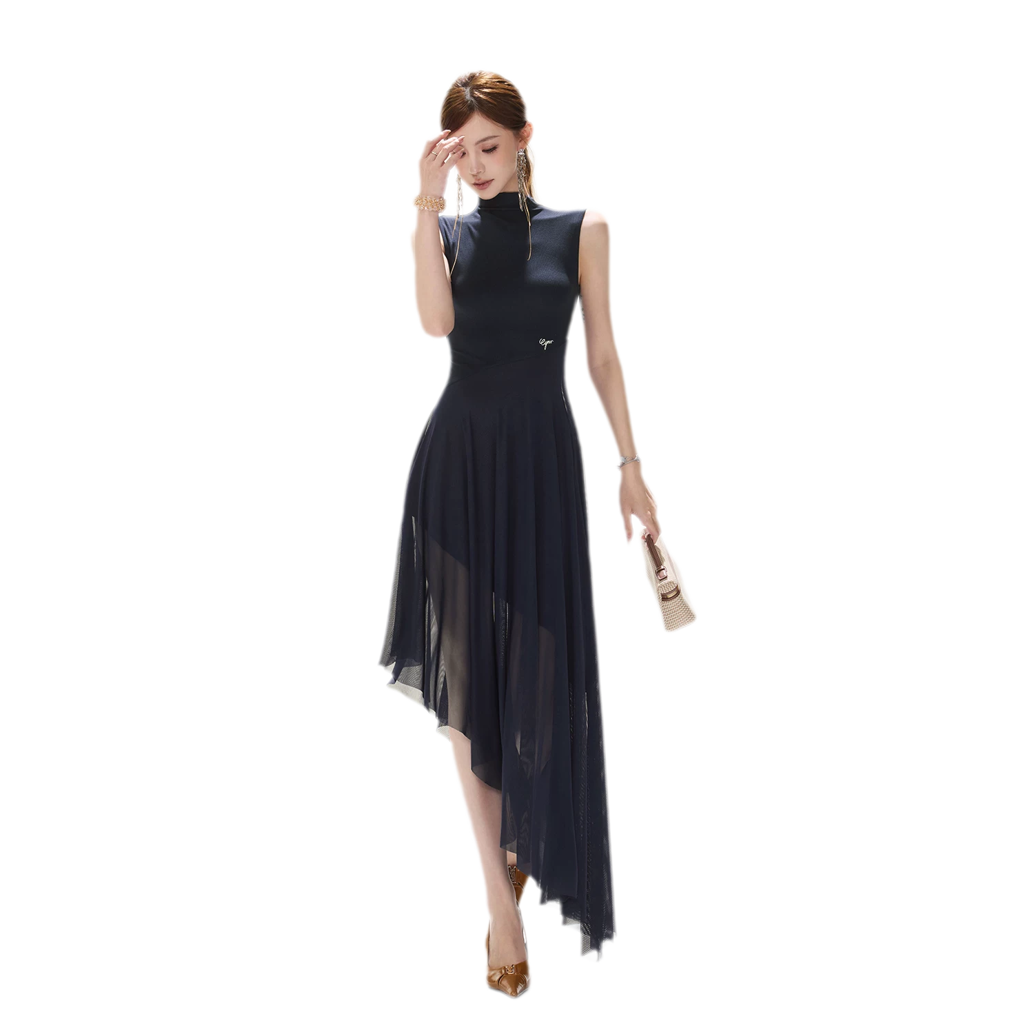 Mesh Splice Midi Dress