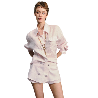 Linen Satin Waist-Cinched Shirt &amp; Skirt Set