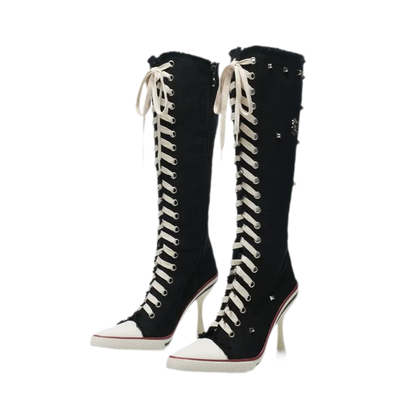 Studded Canvas Knee-High Boots
