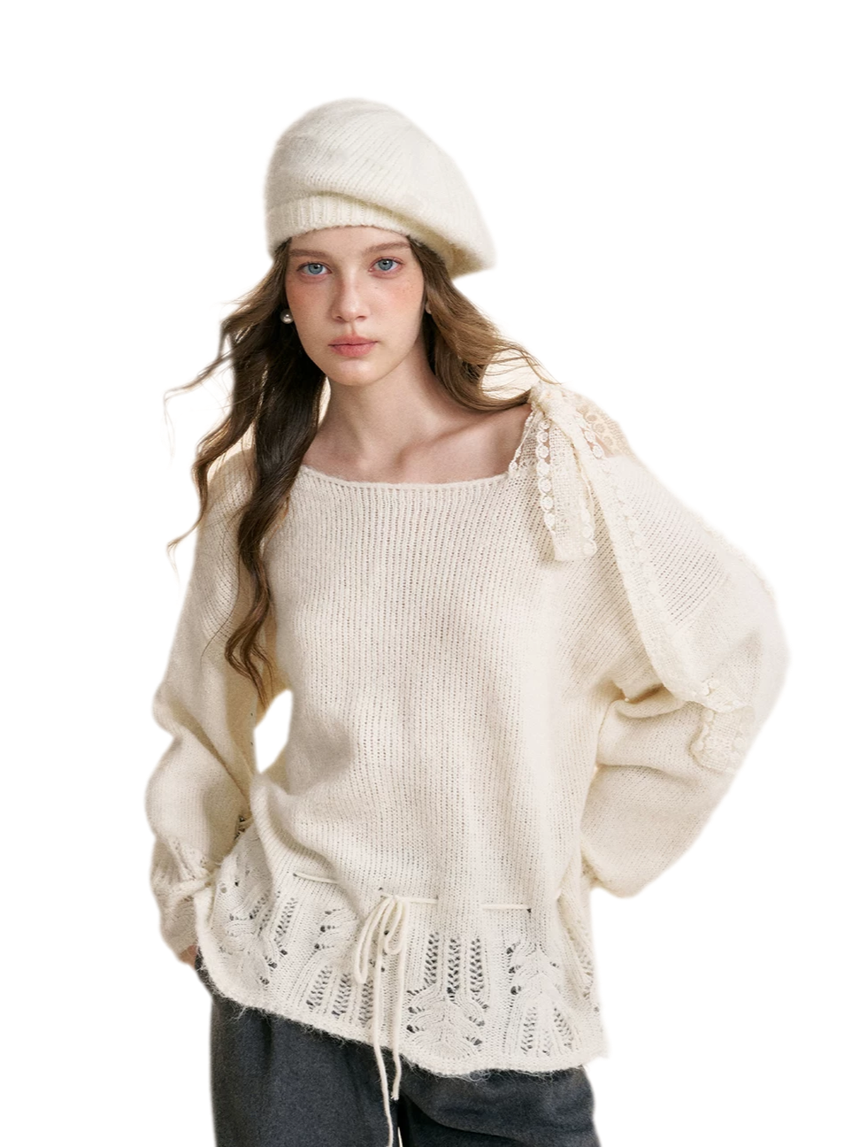 Lace Drawstring Off-Shoulder Sweater