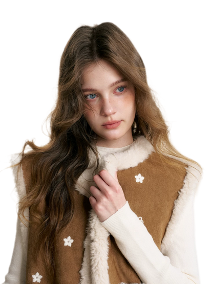 Shearling Floral Embroidered Vest