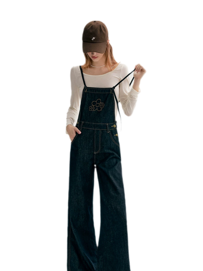 Contrast Floral Denim Overalls