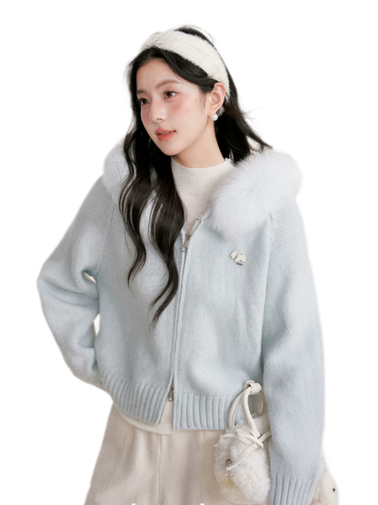 Fur Collar Knit Hoodie