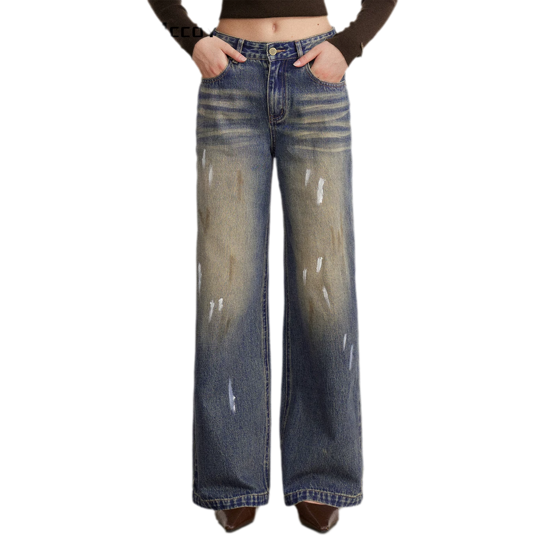 Washed Paint-Splatter Wide-Leg Jeans