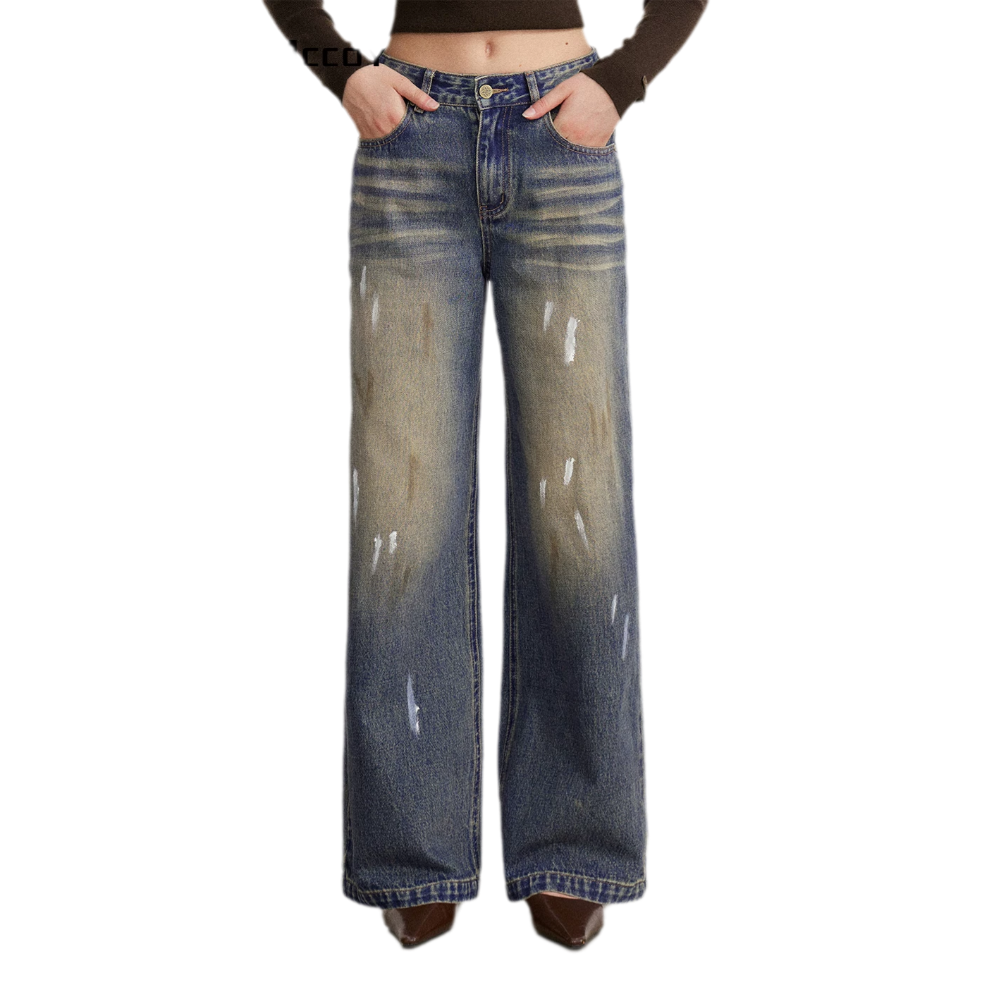 Washed Paint-Splatter Wide-Leg Jeans