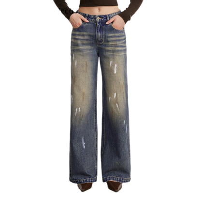 Washed Paint-Splatter Wide-Leg Jeans