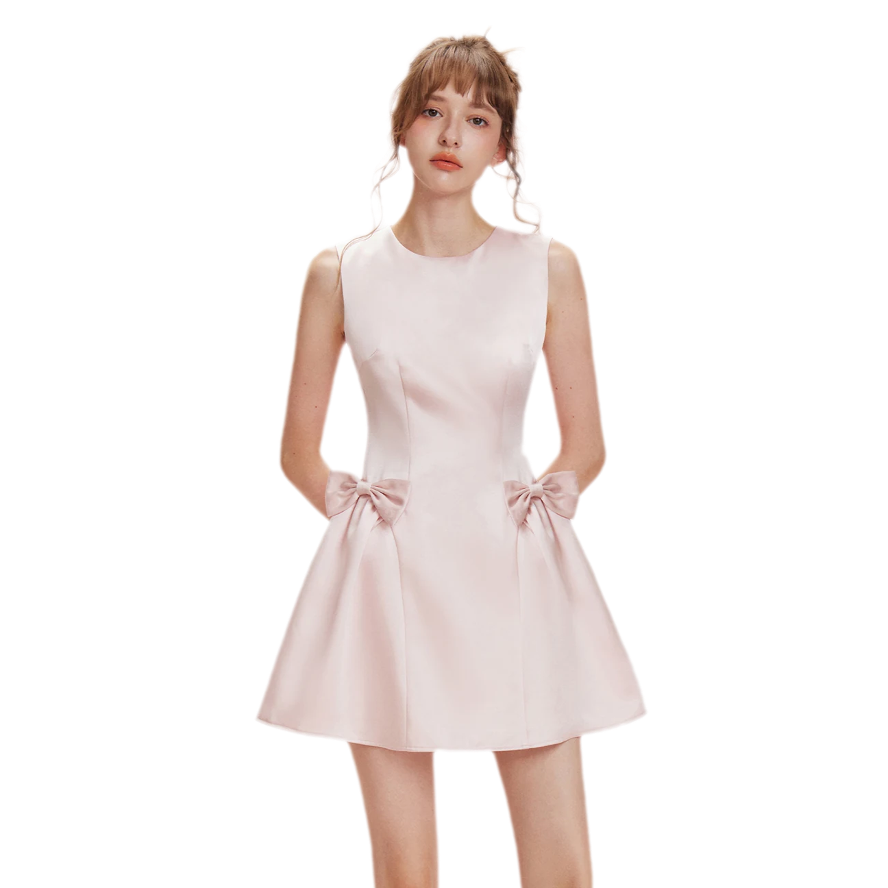 Pearlescent Satin Waist-Tie Dress
