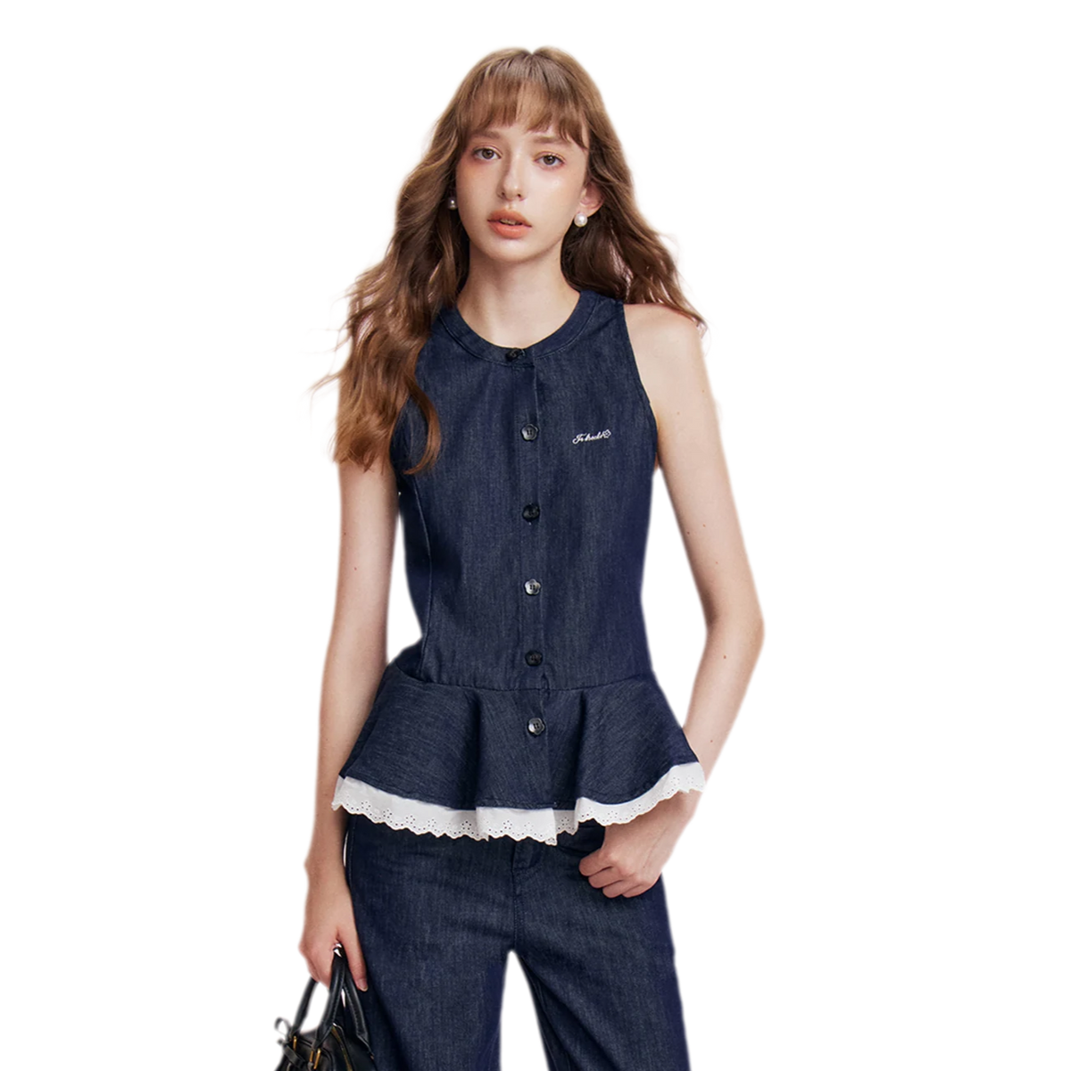 Lace Trim Peplum Denim Set