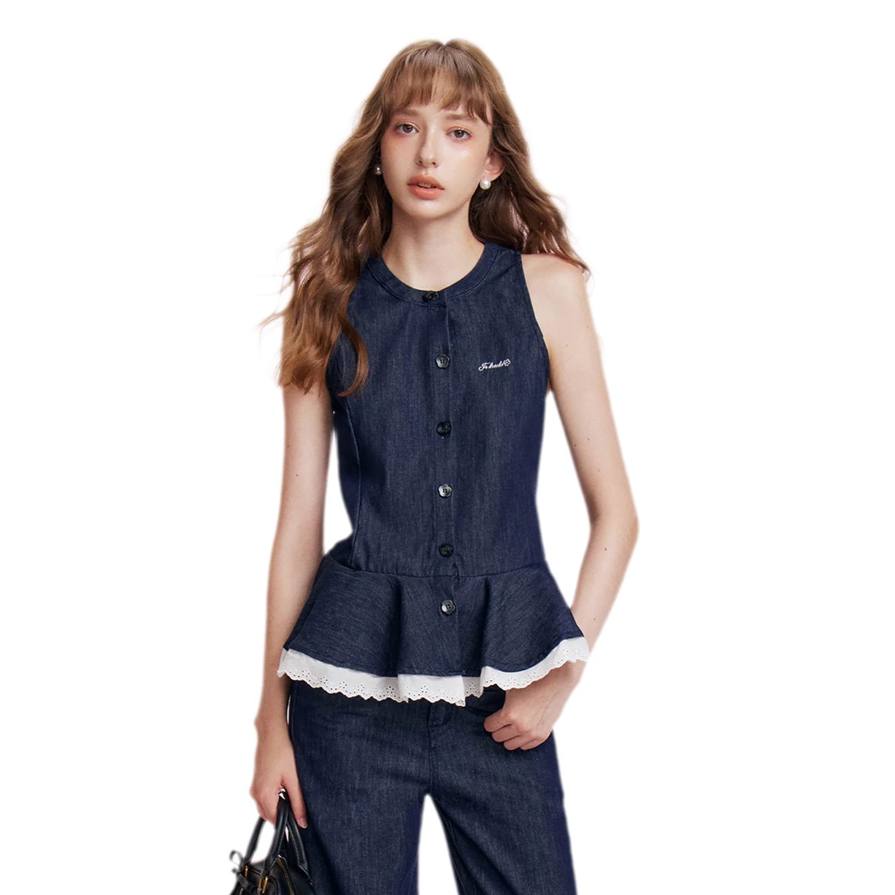 Lace Trim Peplum Denim Set