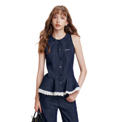 Lace Trim Peplum Denim Set