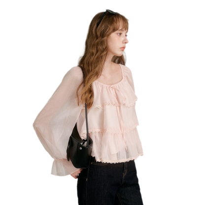 Chiffon Ruffle Lantern Sleeve Blouse