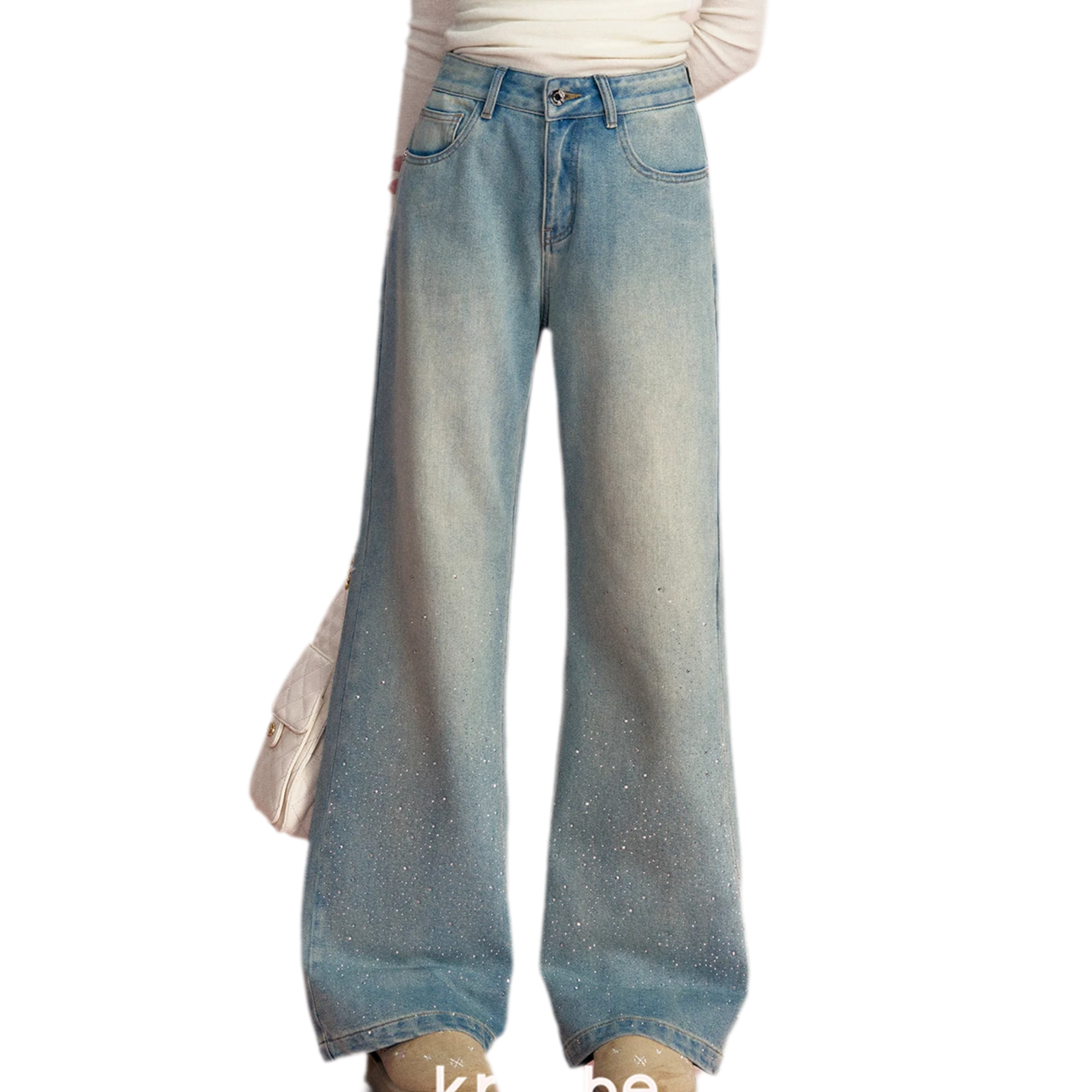 Embellished Fleece-Lined Wide-Leg Jeans