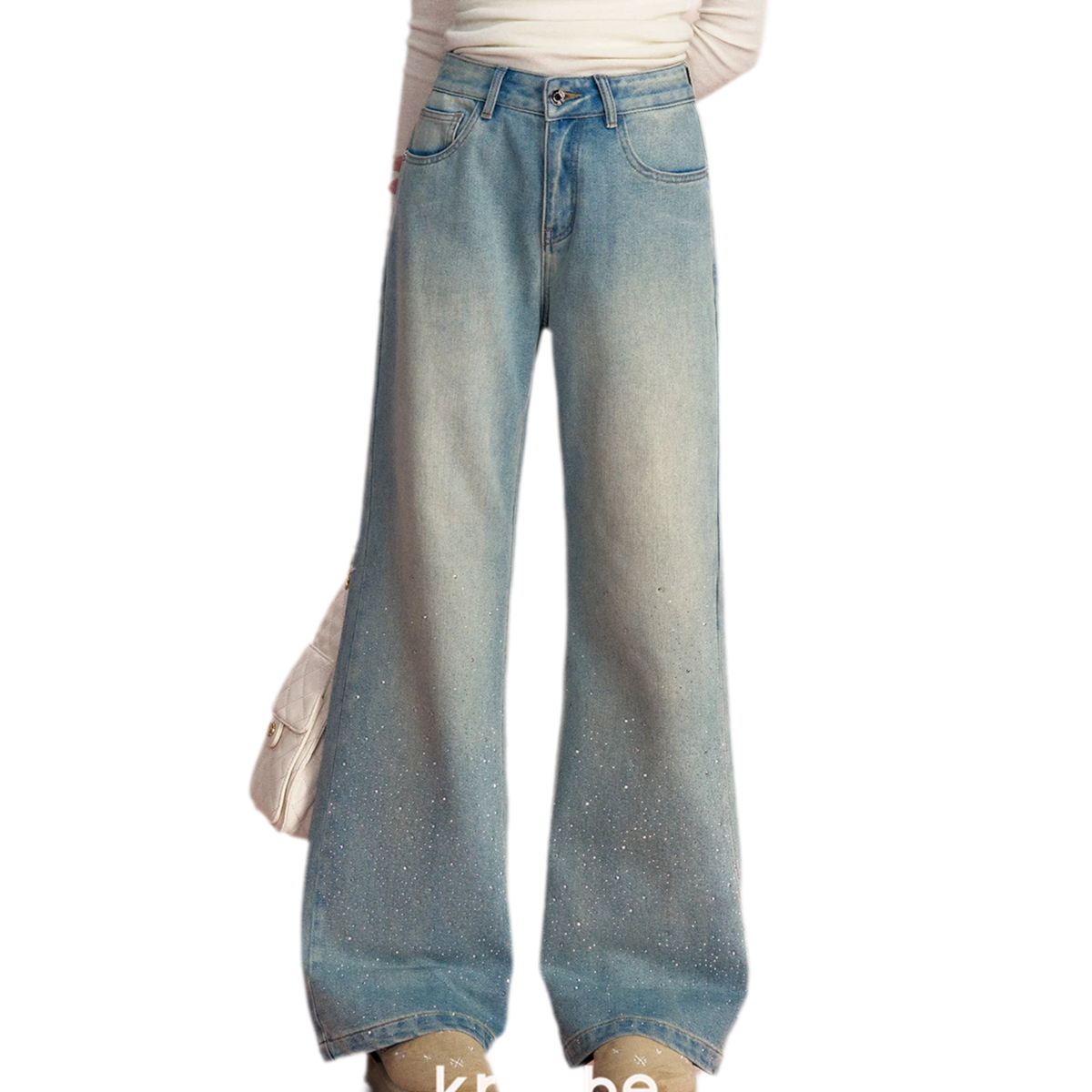 Embellished Fleece-Lined Wide-Leg Jeans