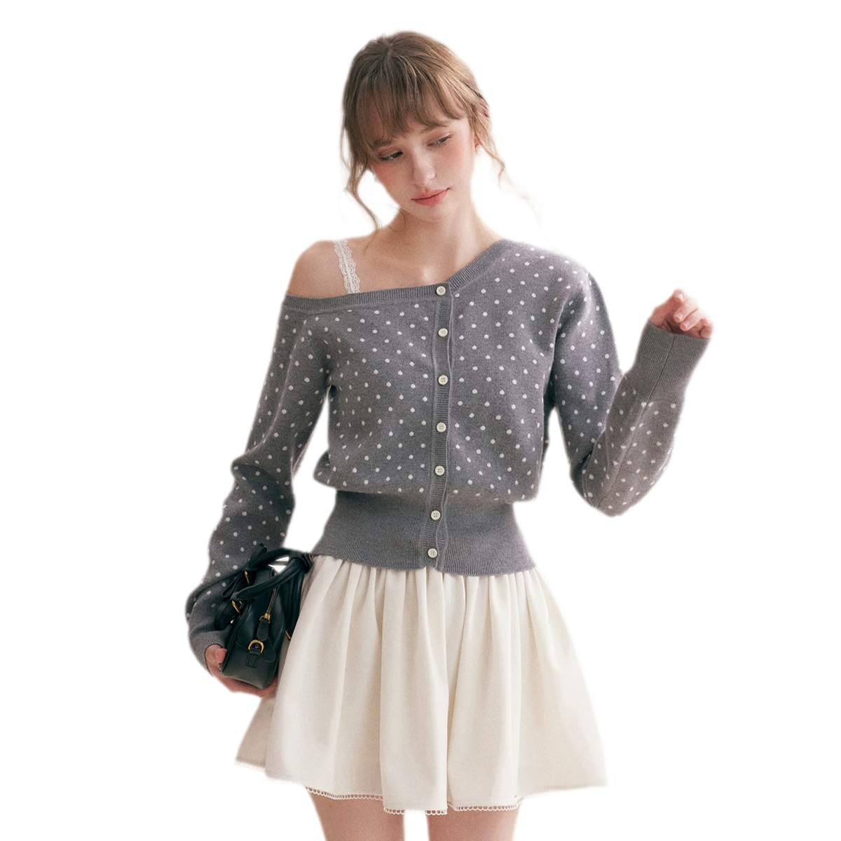 Polka Dot Slanted Shoulder Cardigan