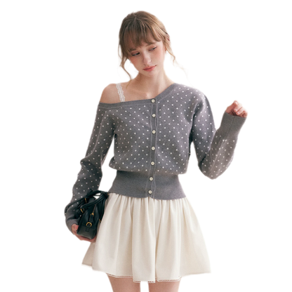 Polka Dot Slanted Shoulder Cardigan
