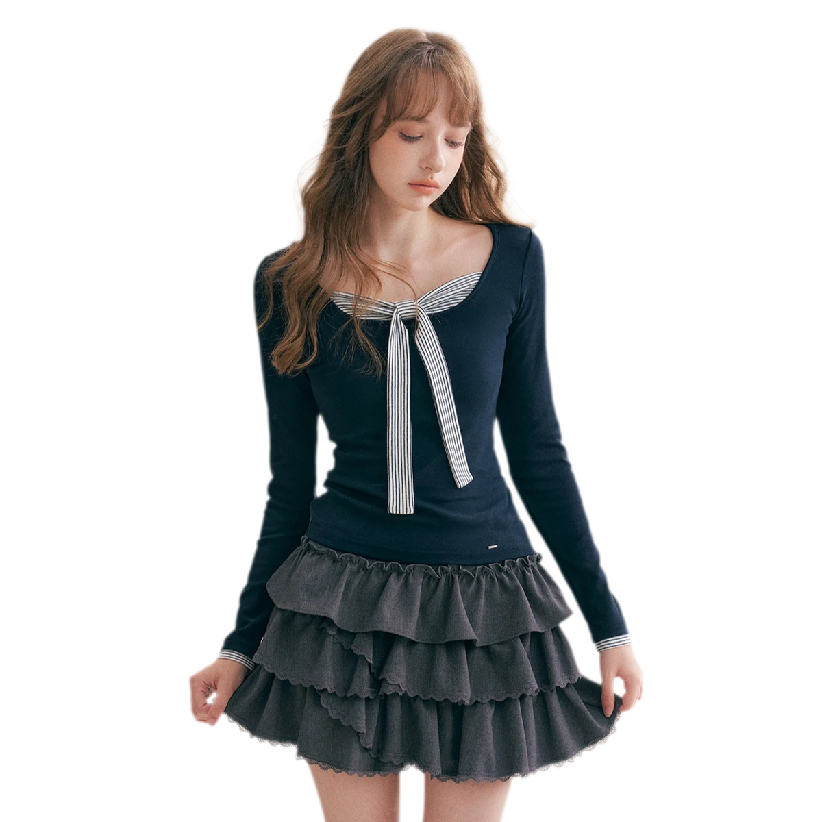 Striped Faux-Layer Fitted Top