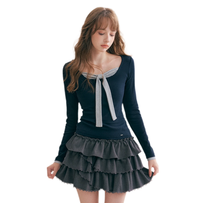 Striped Faux-Layer Fitted Top