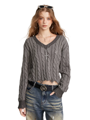 Distressed Cable Knit V-Neck Sweater