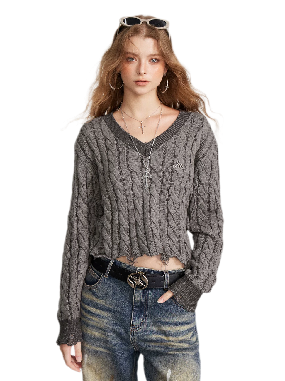 Distressed Cable Knit V-Neck Sweater