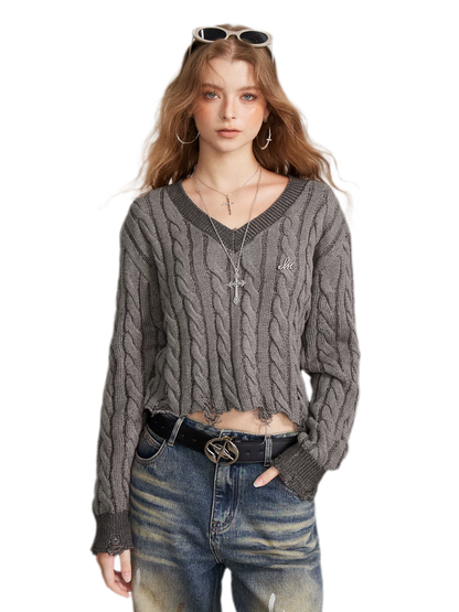 Distressed Cable Knit V-Neck Sweater