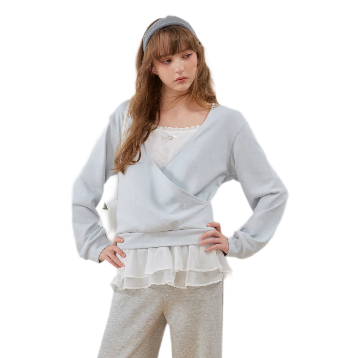 Sweatshirt met kanten ruches en V-hals