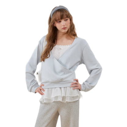 Sweatshirt met kanten ruches en V-hals